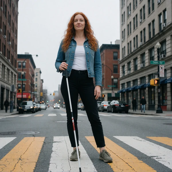 Rachel, a 26-year-old redhead woman with a white cane, standing confidently at a crosswalk, representing safety for blind daters