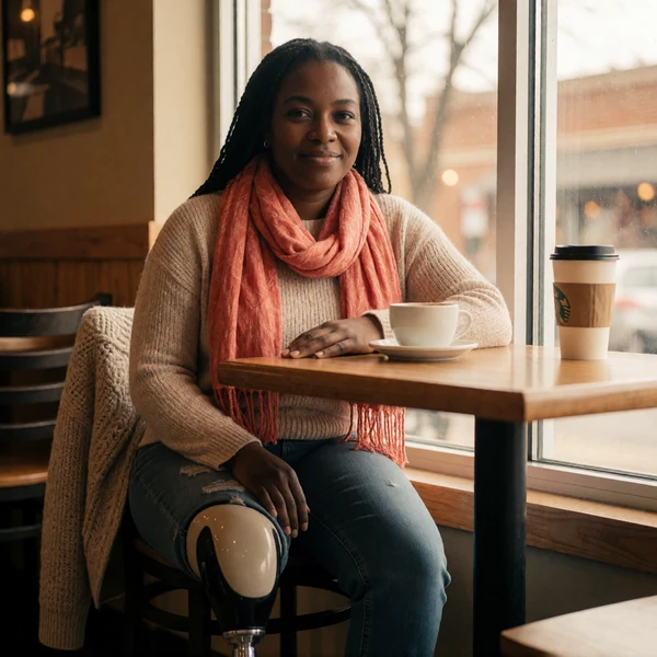 Amara, a 28-year-old Black woman with a prosthetic leg, sitting confidently at a coffee shop on a disabled dating platform
