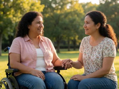 Carmen, a 35-year-old Latina woman in a power wheelchair, holding hands with her partner in a park after joining a wheelchair dating site