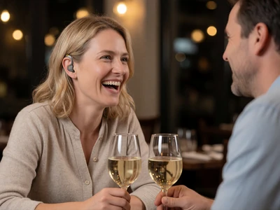 Emily, a 30-year-old blonde woman with a hearing aid, laughing with her partner at a restaurant after meeting on a deaf dating site