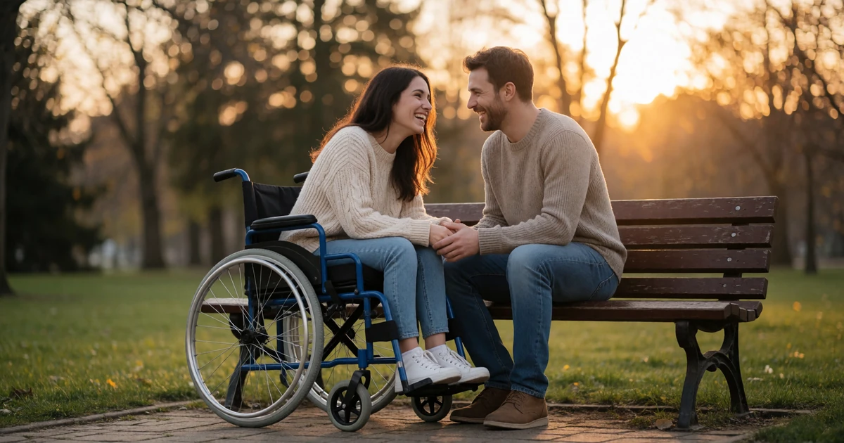 Couple laughing together on a park bench at sunset, woman in a manual wheelchair, representing disabled dating site community