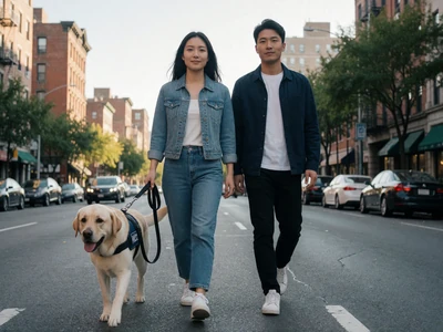 Mei, a 27-year-old Asian woman with a service dog, walking with her partner on a city street after connecting on a blind people dating site